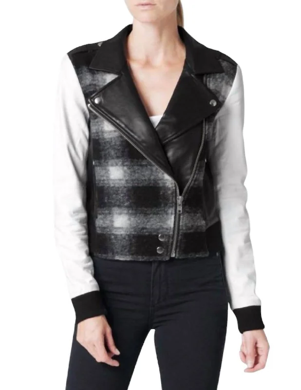 Shelley Leather Wool Blend Plaid Moto Jacket In Black, White