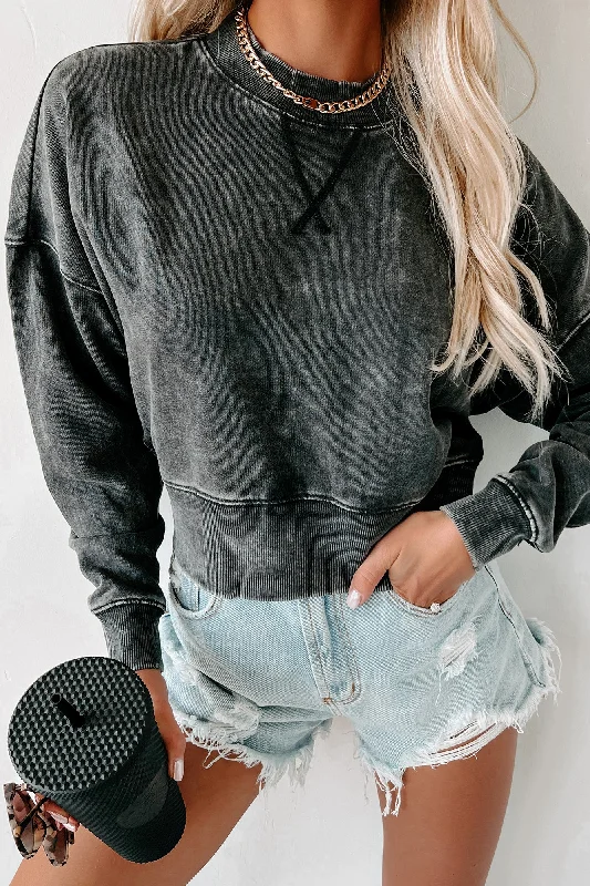 Trendy Unisex Casual Chic Deals Mineral Wash Cropped Pullover Sweatshirt (Black)