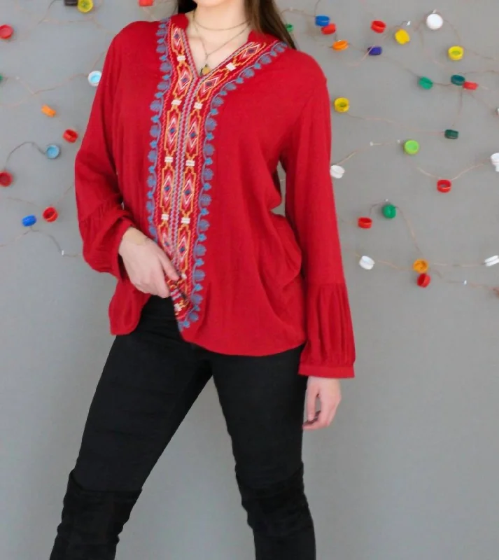 Bold And Trendy Gender-Neutral Outfits Best Deals Of The Season V Neck Embroidery Pullover In Red Bold And Trendy Gender-Neutral Outfits Best Deals Of The Season V Neck Embroidery Pullover In Red