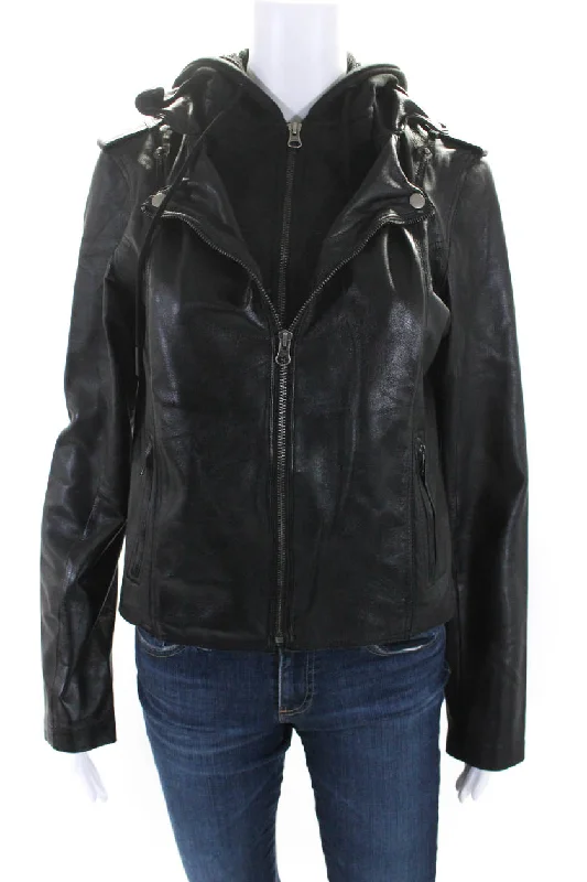 JKT Womens Solid Black Full Zip Hooded Long Sleeve Leather Jacket