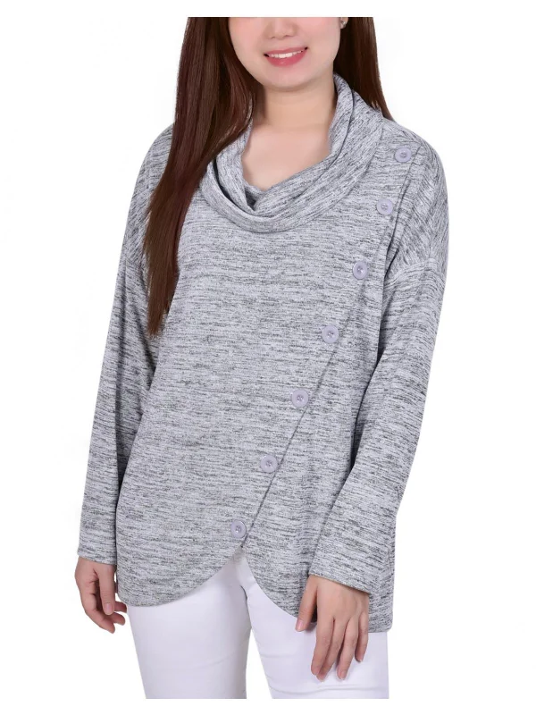 Chic And Contemporary Unisex Clothing Choices Casual Chic Deals Petites Womens Cowl neck Button Front Pullover Top