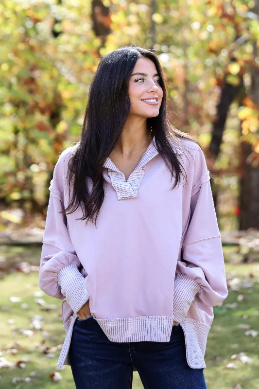 Urban-Inspired Unisex Fashion Trends Big Discounts Harper Lavender Collared Contrast Pullover Urban-Inspired Unisex Fashion Trends Big Discounts Harper Lavender Collared Contrast Pullover