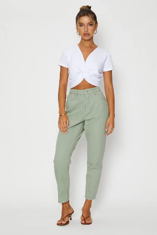 Green High Rise Mom Jeans