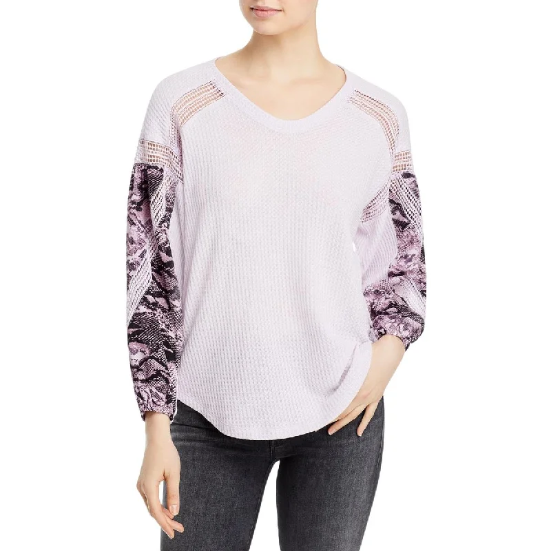 Unisex Casual Fashion Trends Stylish Looks Womens Mixed Media Crewneck Pullover Top
