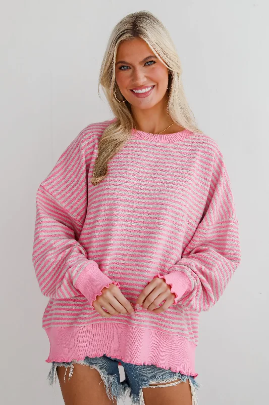 Oversized Unisex Fashion Pieces Clearance Sale, All Cheap Charismatic Comfort Pink Striped Oversized Pullover