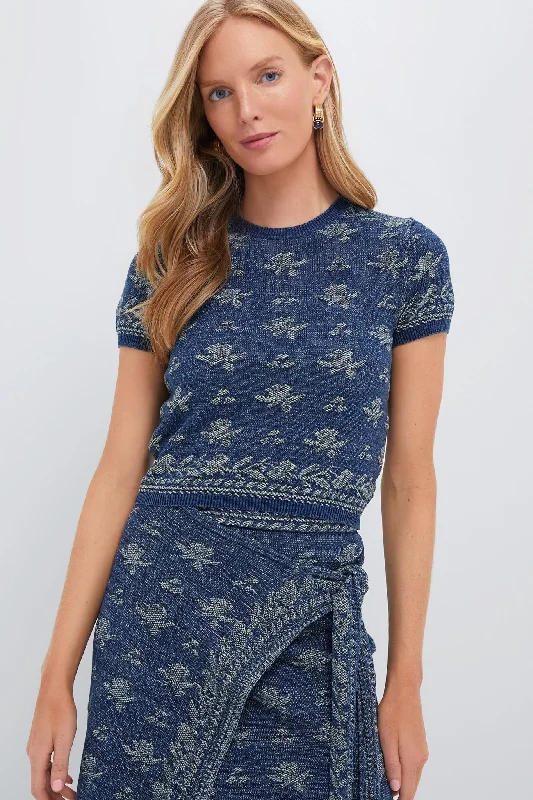 Sustainable Gender-Neutral Apparel Contemporary Fashion Sale Dark Indigo Printed Short Sleeve Pullover Sustainable Gender-Neutral Apparel Contemporary Fashion Sale Dark Indigo Printed Short Sleeve Pullover