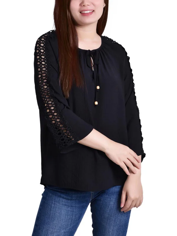 Casual Yet Sophisticated Unisex Fashion Seasonal Trends Petites Womens Eylett Sleeves Tie Neck Pullover Top