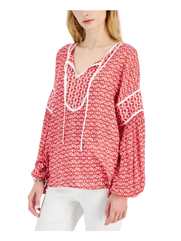 Comfortable Gender-Free Fashion Choices Seasonal Clearance Womens Floral Print Tie Neck Pullover Top