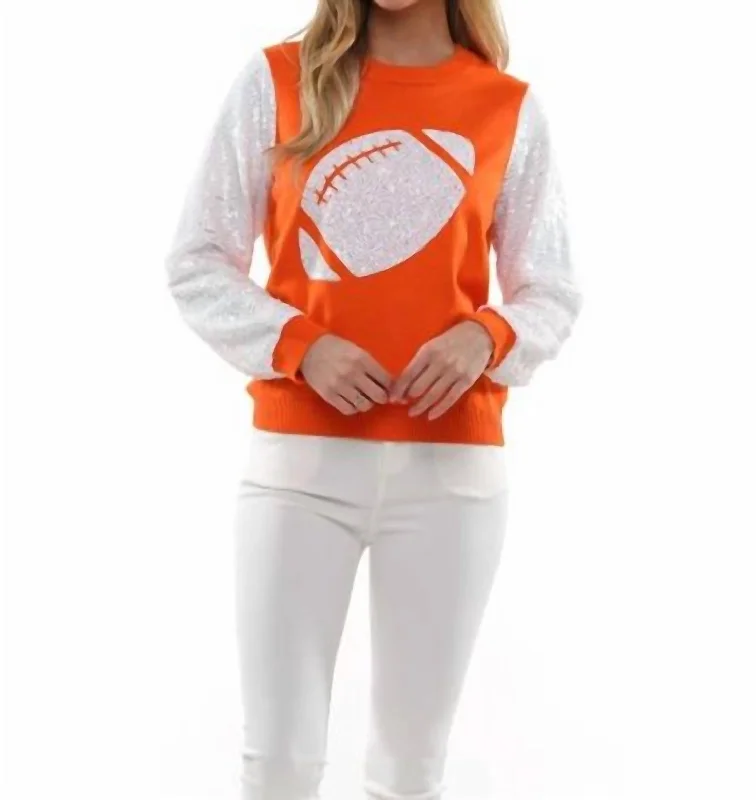Chic And Contemporary Unisex Clothing Choices Discover Promotions Football Sequin Sleeve Pullover In Orange/white Chic And Contemporary Unisex Clothing Choices Discover Promotions Football Sequin Sleeve Pullover In Orange/white