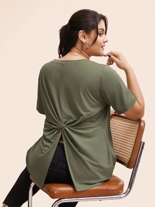 Solid Twist Back V Neck Short Sleeve T-shirt