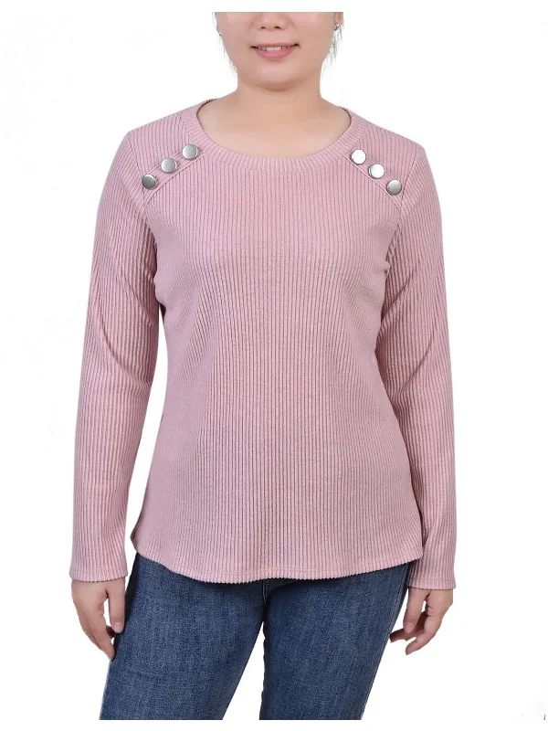 Modern Unisex Streetwear Outfits Essentials On Sale Petites Womens Ribbed Button Detail Pullover Top