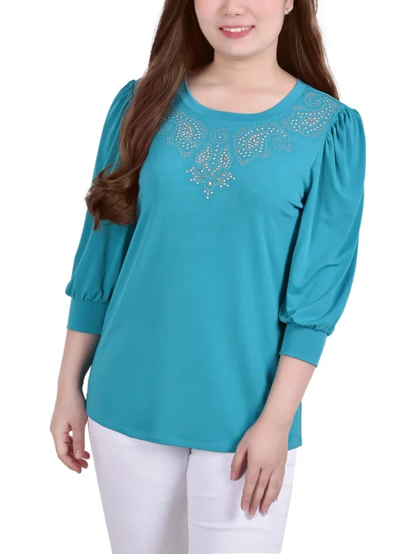 Elegant And Minimal Gender-Free Clothing Summer Fashion Petites Womens Embellished 3/4 Sleeve Pullover Top Elegant And Minimal Gender-Free Clothing Summer Fashion Petites Womens Embellished 3/4 Sleeve Pullover Top