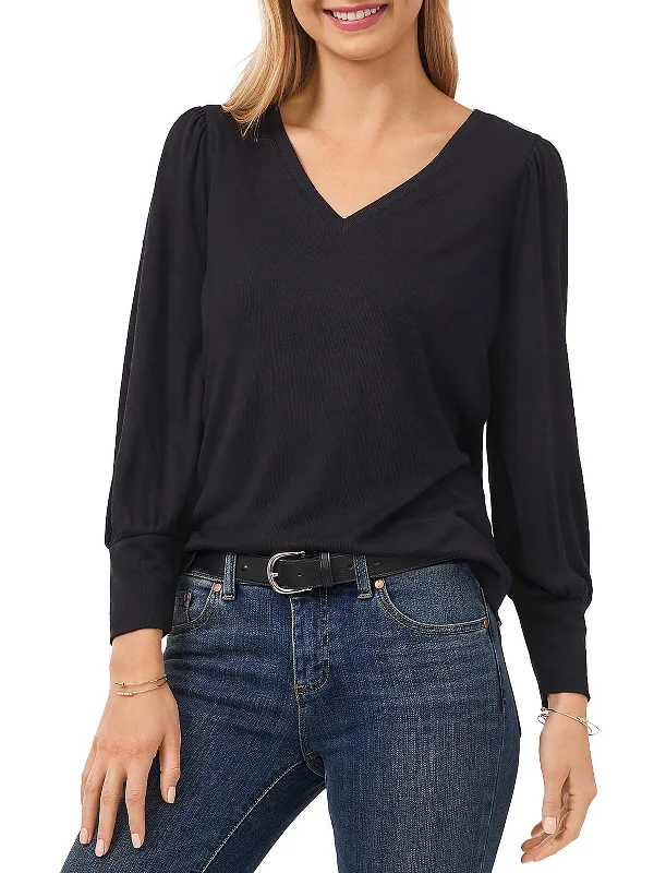 Comfortable Unisex Streetwear Spring Fashion Womens Ribbed V-Neck Pullover Top