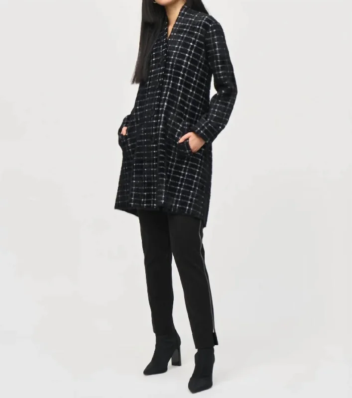 Plaid Feather Yarn Sweater Coat In Black And White