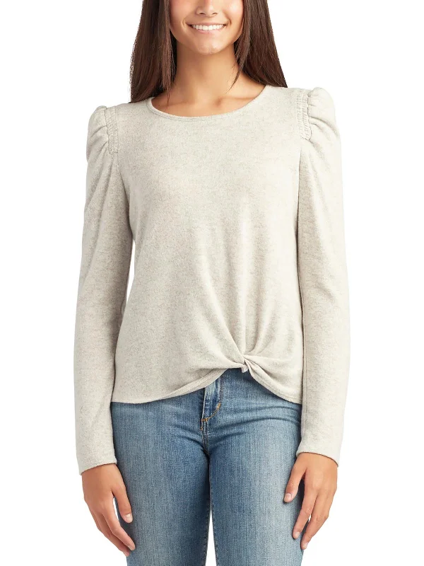Trendy Unisex Luxe Style Discounts Juniors Womens Tie Front Puff Sleeve Pullover Top