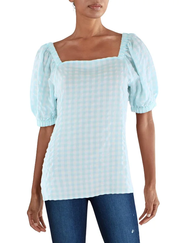 Trendy Unisex Statement Fashion Offers Womens Checkered Square-Neck Pullover Top