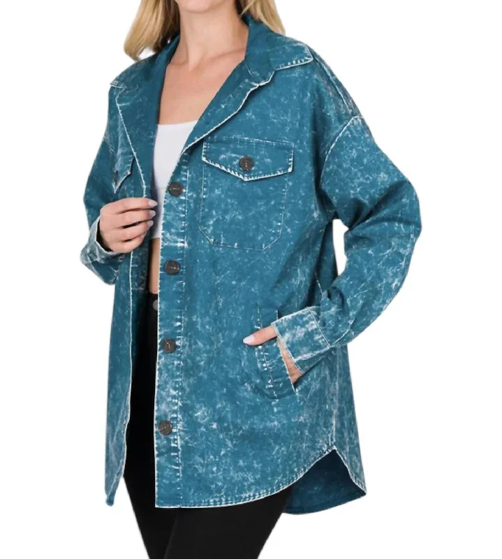 Women's Seasonal Apparel Chic Styles Oversized Vintage Washed Shacket In Teal