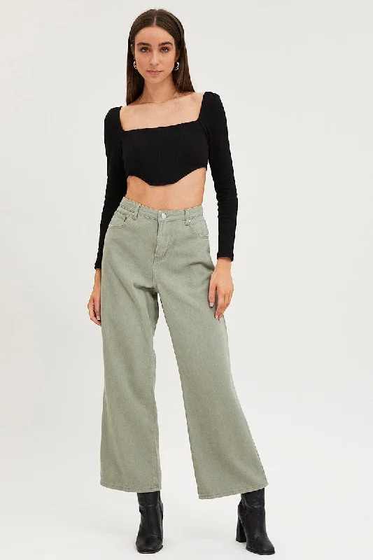 Green Wide Leg Denim Jeans High Rise