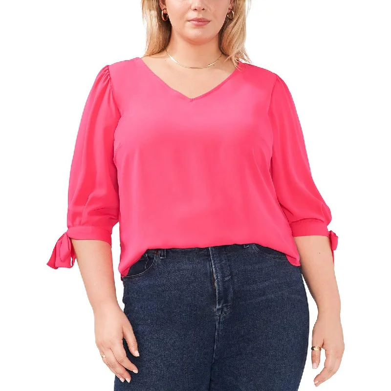 Urban-Inspired Unisex Fashion Pieces Budget-Friendly Fashion Plus Womens Tie Sleeve V-Neck Pullover Top