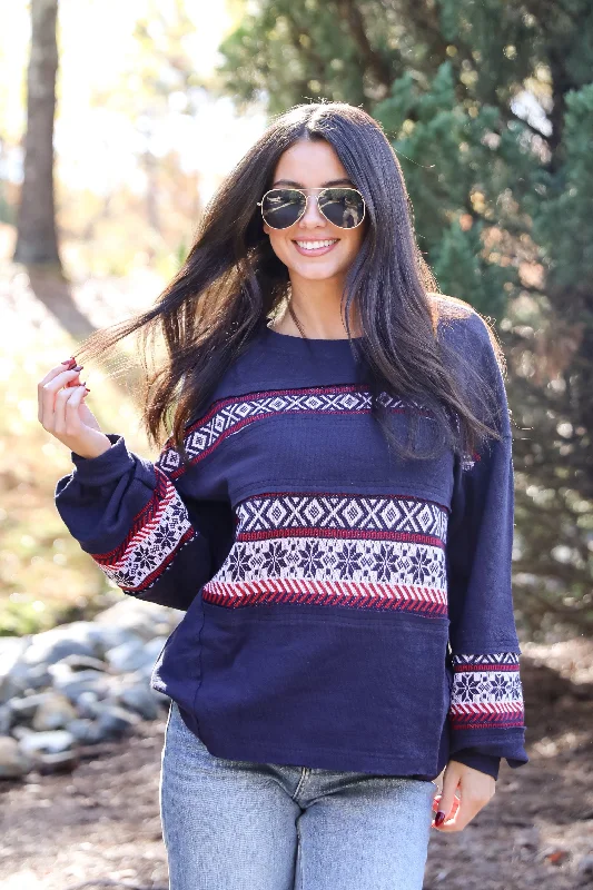 Sleek And Comfortable Unisex Wear Hot Picks Snowy Snuggles Navy Fair Isle Pullover - DOORBUSTER Sleek And Comfortable Unisex Wear Hot Picks Snowy Snuggles Navy Fair Isle Pullover - DOORBUSTER