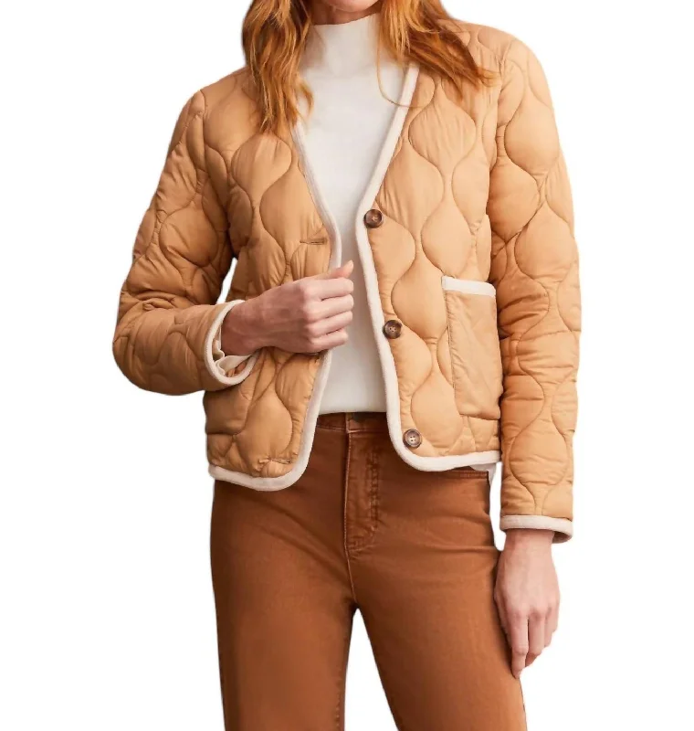 Button Front Puffer Jacket In Tan