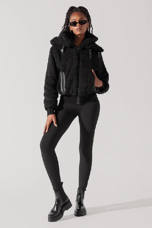 The Kinsley Bomber Jacket in Faux Sherpa - Black