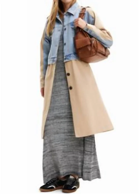 Women's Sports Apparel Stylish Looks Trucker Jacket Denim And Trench Coat In Blue Denim/beige