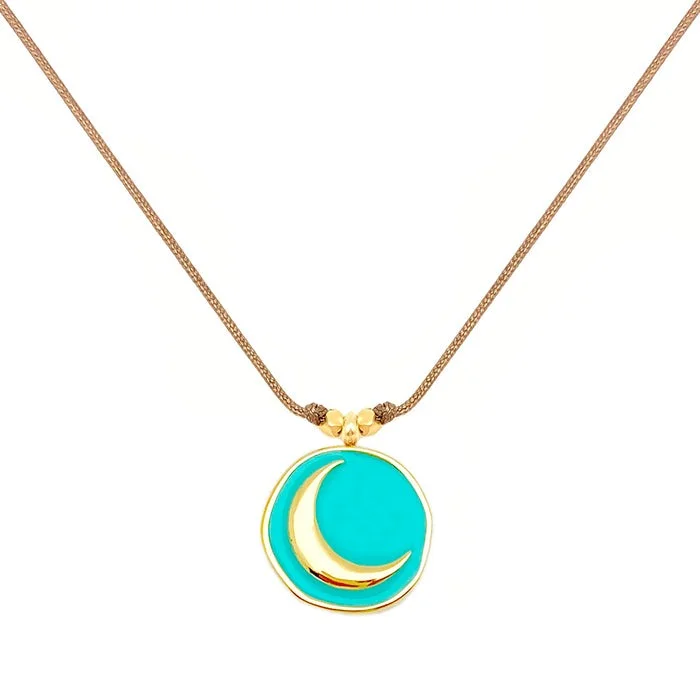 Enamel Charm Necklace - Aqua Crescent Moon 16"