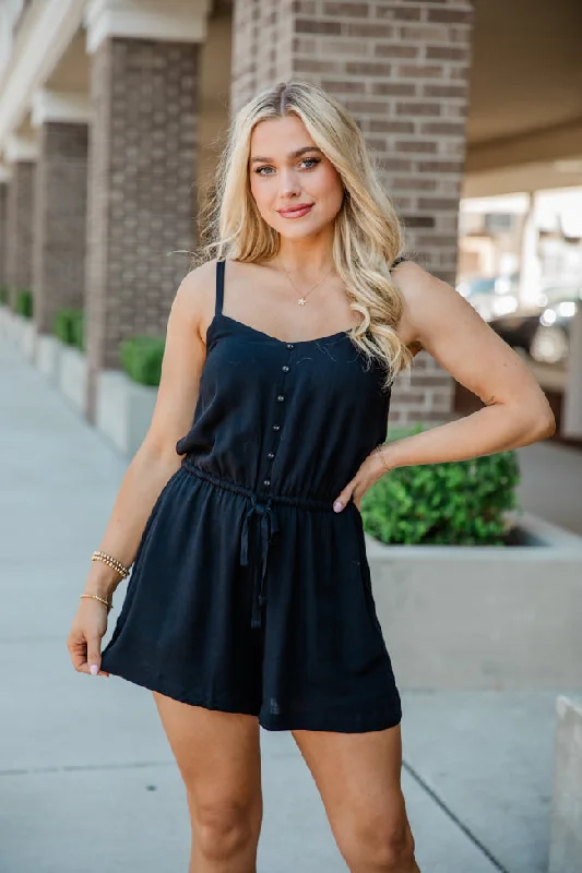 Take A Minute Black Solid Tie Waist Romper