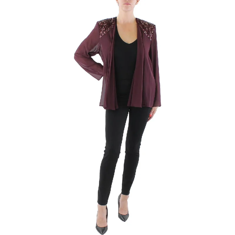 Plus Womens Chiffon Embellished Collarless Blazer