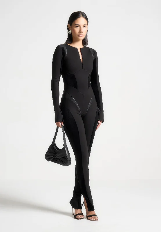 Leather and Bandage Contour Jumpsuit - Black