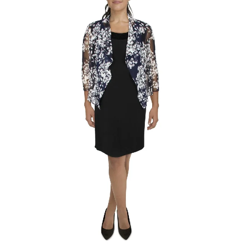 Petites Womens Mesh Printed Collarless Blazer