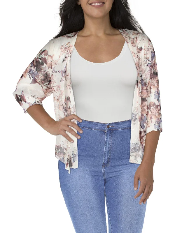 Plus Womens Chiffon Floral Duster Blazer