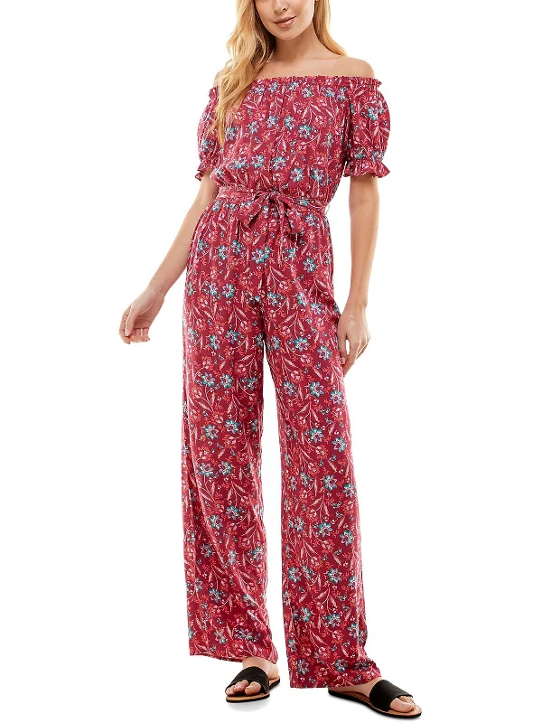 Juniors Womens Floral Off-The-Shoulder Jumpsuit