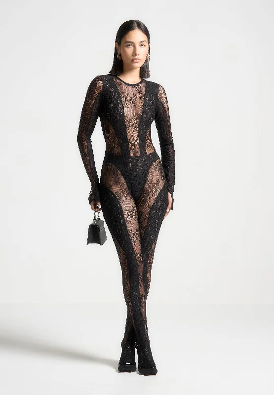 Lace Backless Footsie Jumpsuit with Pearl Detail - Black