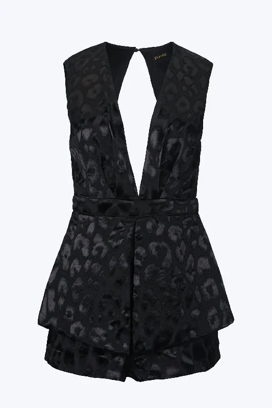 Plunging Cutout Satin-Jacquard Romper In Black