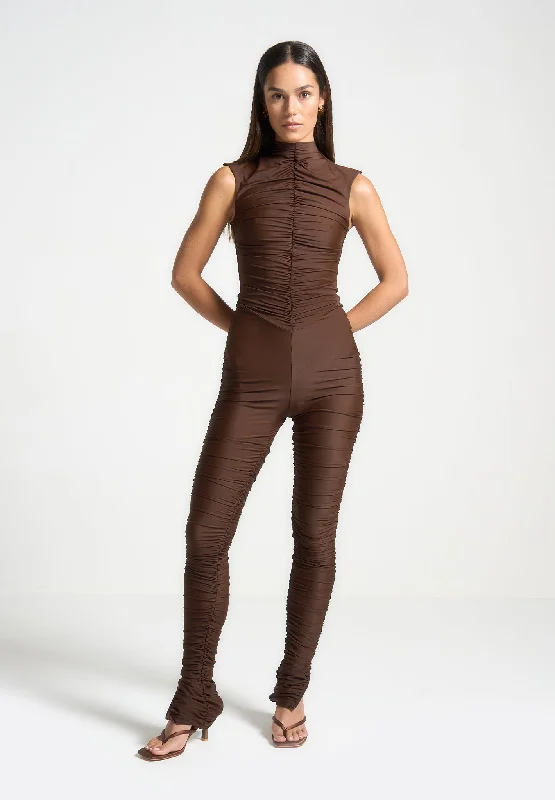 Cap Sleeve Ruched Jumpsuit - Brown