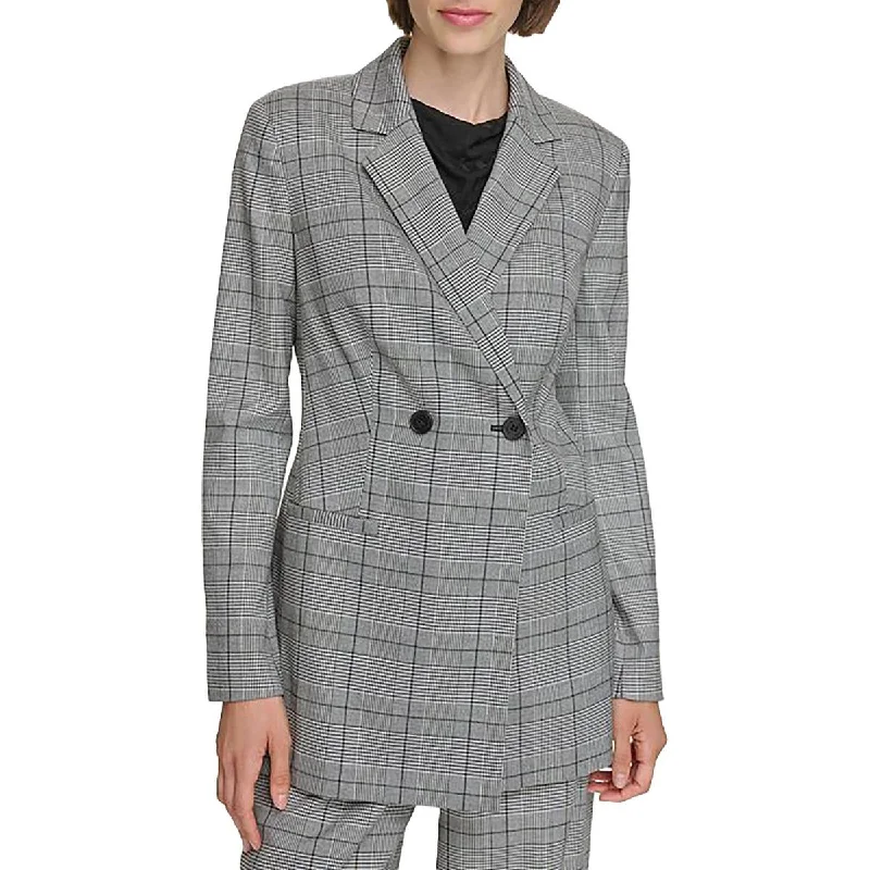 Womens Woven Plaid One-Button Blazer