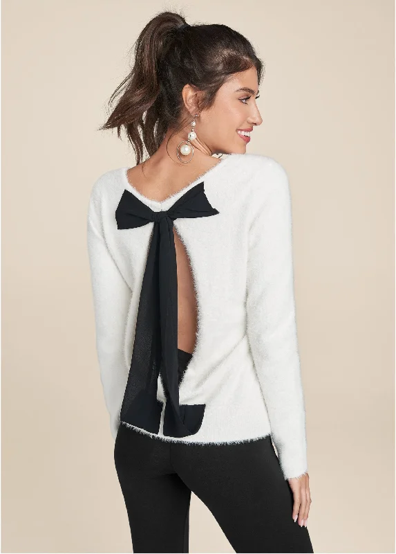 Fashion-Forward Bow Detail Open Back Sweater - Off White