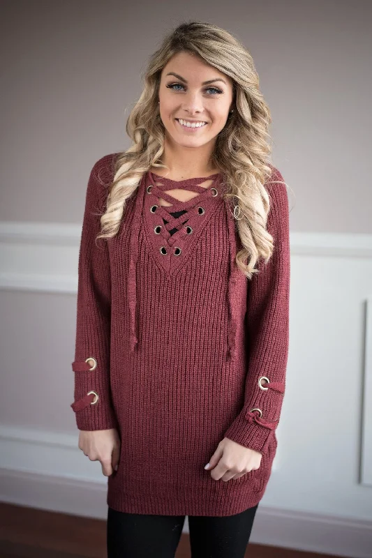 Durable Fashion Picks Marsala Lace Up Sweater