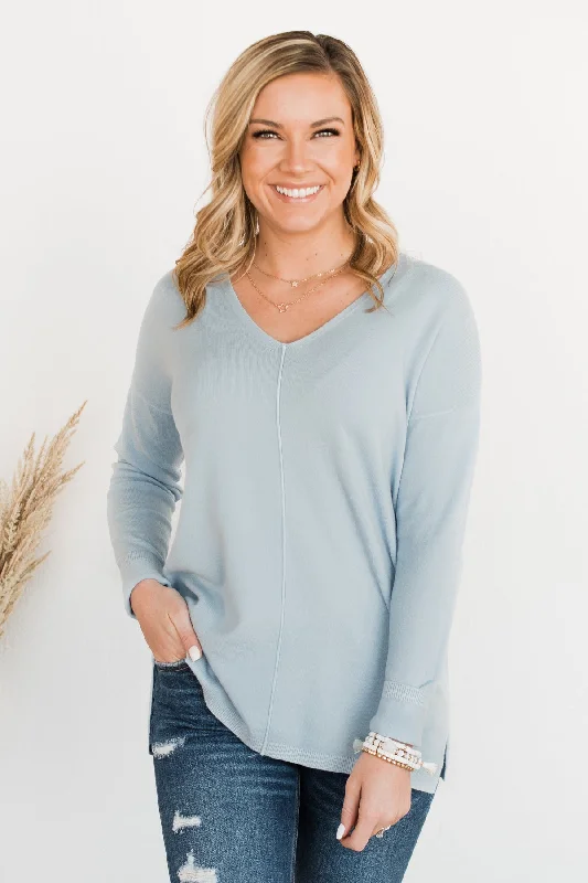 Classic Women's Fashion Soft As A Cloud V-Neck Sweater- Baby Blue