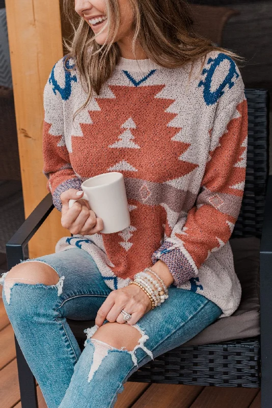 Style Versatile Women's Collection Down To Earth Aztec Sweater- Oatmeal, Rust & Navy