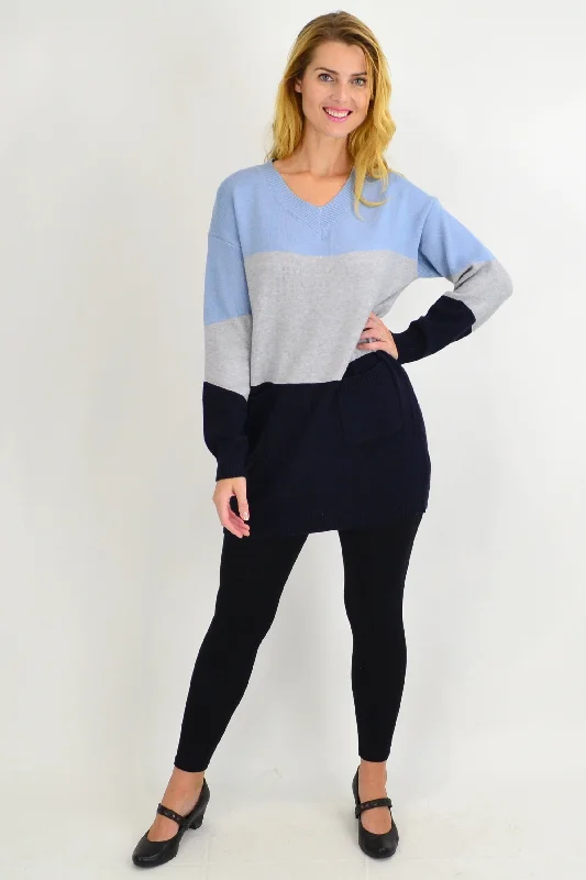 Feminine Allure Affordable Women's Clothing Blue V neck Woolly Winter Tunic Jumper