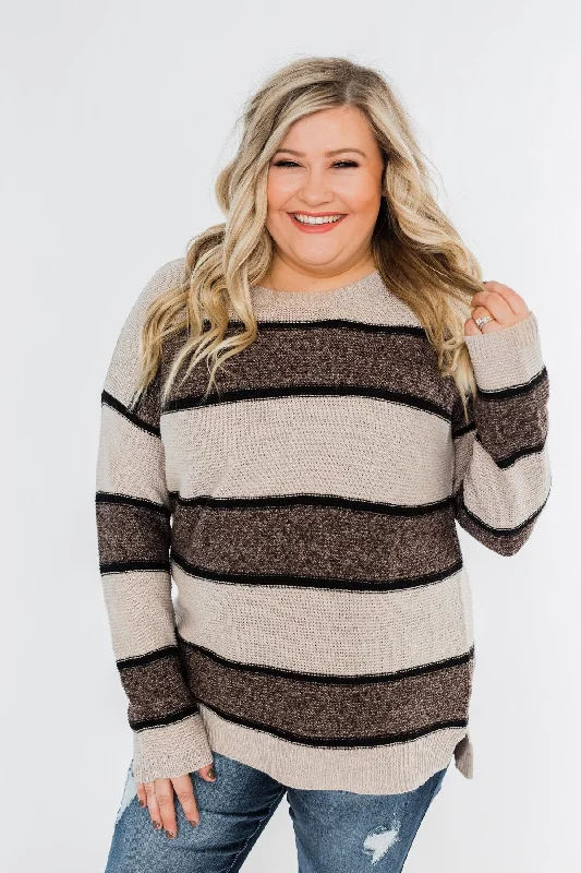Seasonal Clearance Oh So Soft Striped Knit Sweater- Mocha