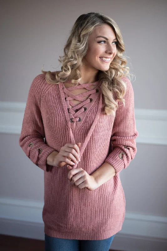 Discounts On Casual Weekend Styles Light Salmon Lace Up Sweater