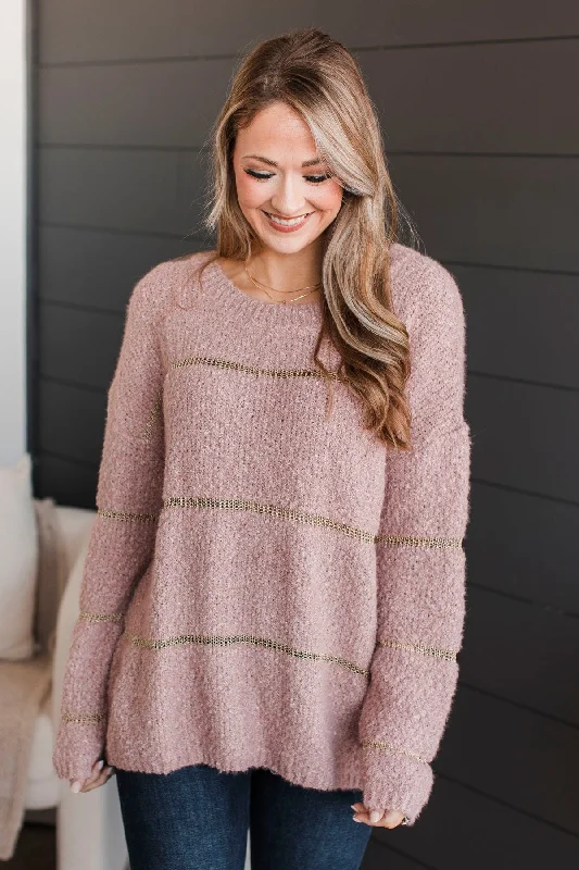 Snag Fabulous Fashion Bargains Drawn To You Striped Knit Sweater- Mauve & Gold