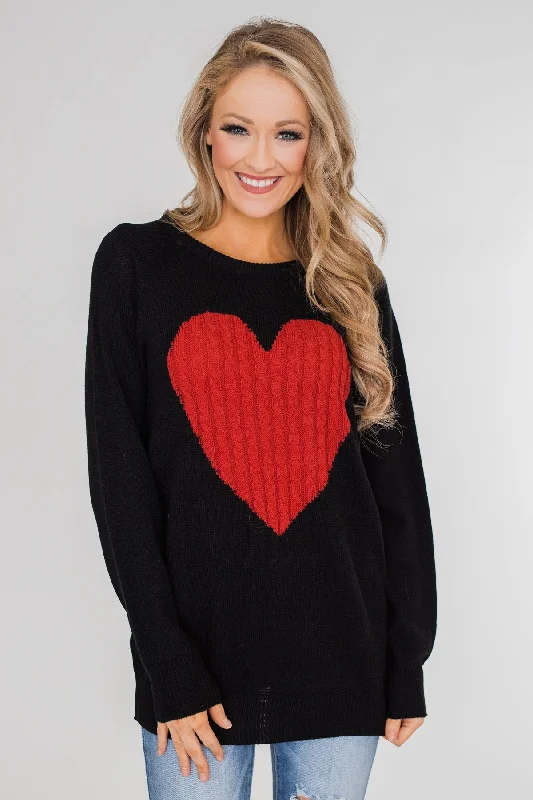 Latest Fashion Love Your Life Knitted Heart Sweater - Black