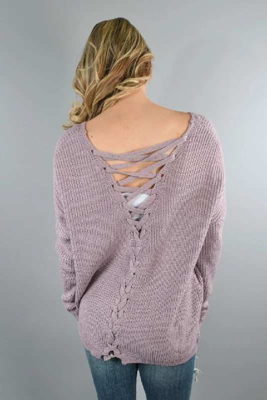 Trend Leading Collection Back Lace Up Sweater ~ Lavender