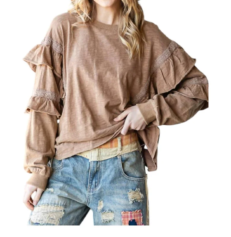 Boho - Chic Festival - Ready Style Cozy Ruffles Sweatshirt In Mocha Brown