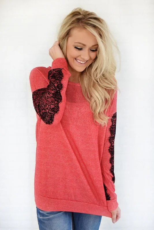 Huge Savings On Parisian Styles Just a Touch of Lace Sweater ~ Bright Coral